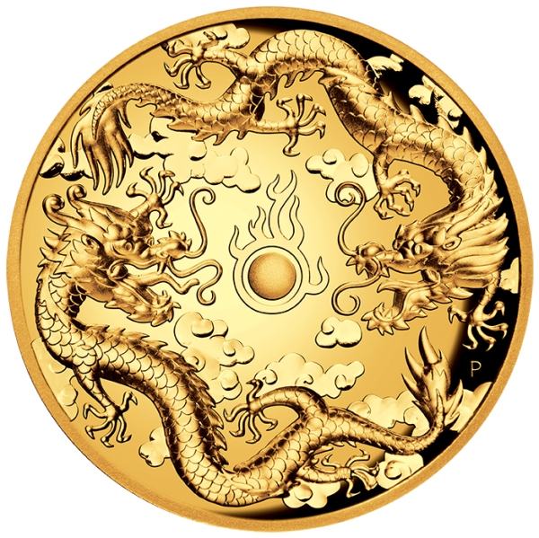 2 Unzen (oz) Gold Chinese Myths and Legends Dragon &amp; Dragon Goldmünze HR PP 2019 Australien