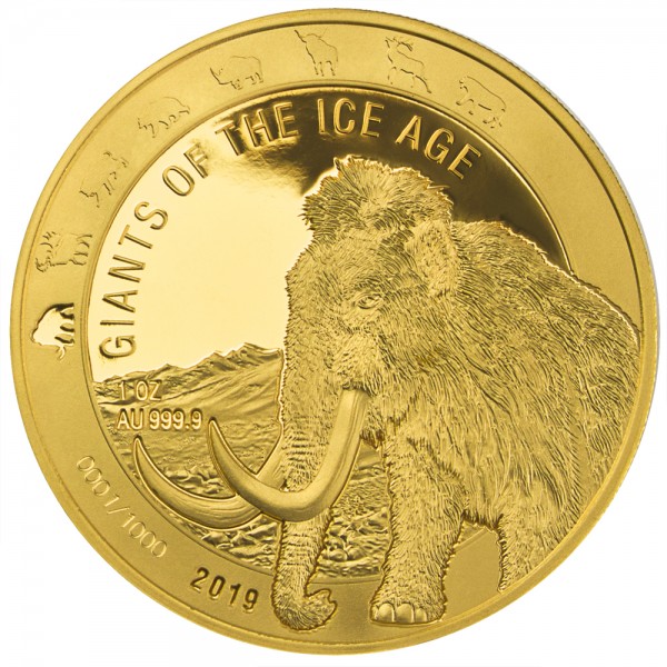 1 Unze (oz) Gold Giganten der Eiszeit Wollmammut Goldmünze 2019 Ghana
