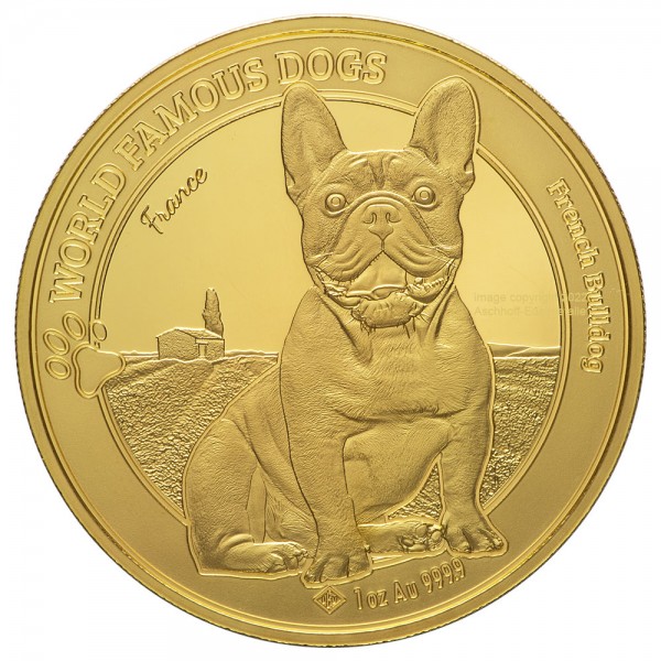 1 Unze (oz) Gold World Famous Dogs French Bulldog Goldmünze 2022 Kamerun