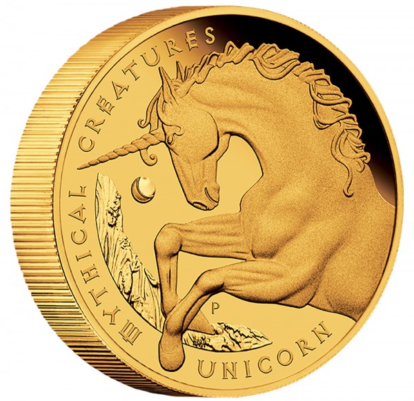 5 Unzen (oz) Gold Mythical Creatures Unicorn Goldmünze 2021 Australien PP polierte Platte