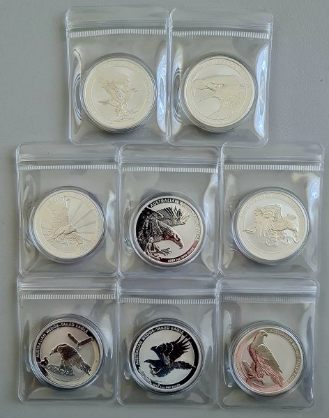 8x 1 Unze (oz) Silber Wedge Tailed Eagle Lot Silbermünzen 2015, 2017 - 2023 Australien