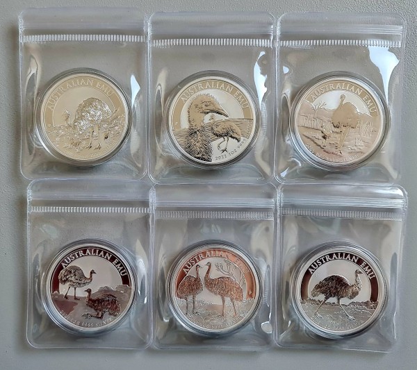 6x 1 Unze (oz) Silber Emu Komplettset Silbermünzen 2018 - 2023 Australien