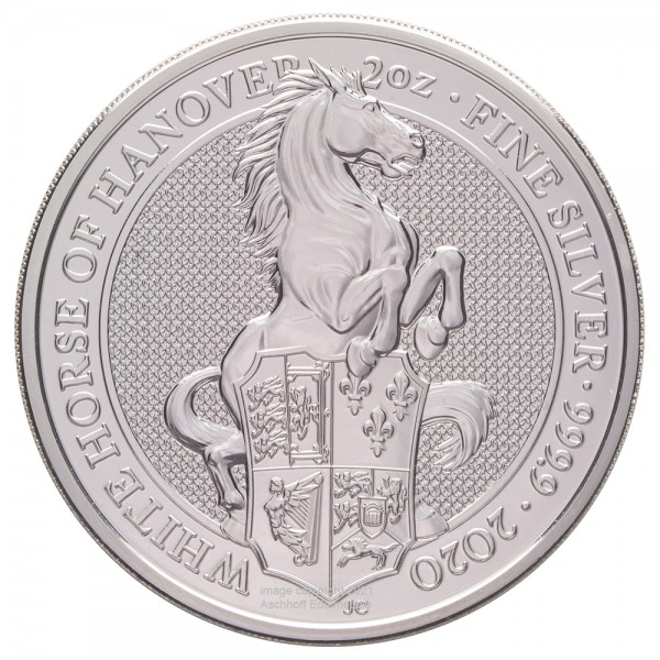 2 Unzen (oz) Silber The Queens Beasts White Horse of Hannover Silbermünze 2020 Großbritannien