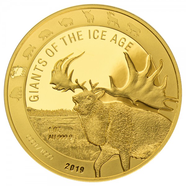 1 Unze (oz) Gold Giganten der Eiszeit Riesenhirsch Goldmünze 2019 Ghana