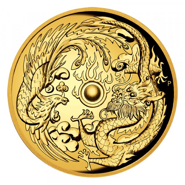 2 Unzen (oz) Gold Chinese Myths and Legends Dragon & Phoenix 2017 Goldmünze HR PP Australien