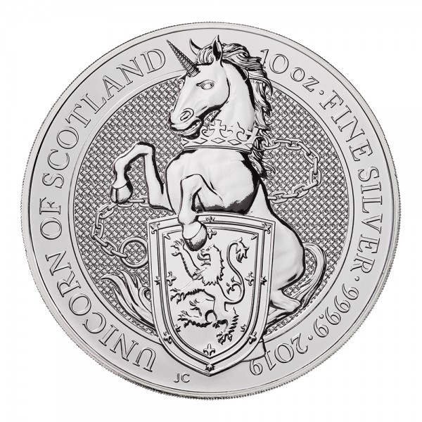10 Unzen (oz) Silber The Queens Beasts Unicorn of Scotland Silbermünze 2019 Großbritannien