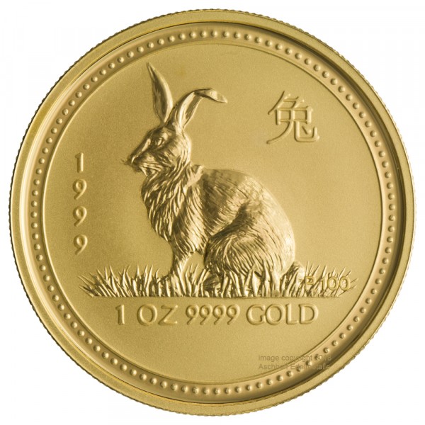 1 Unze (oz) Gold Lunar 1 Hase Goldmünze 1999 Australien