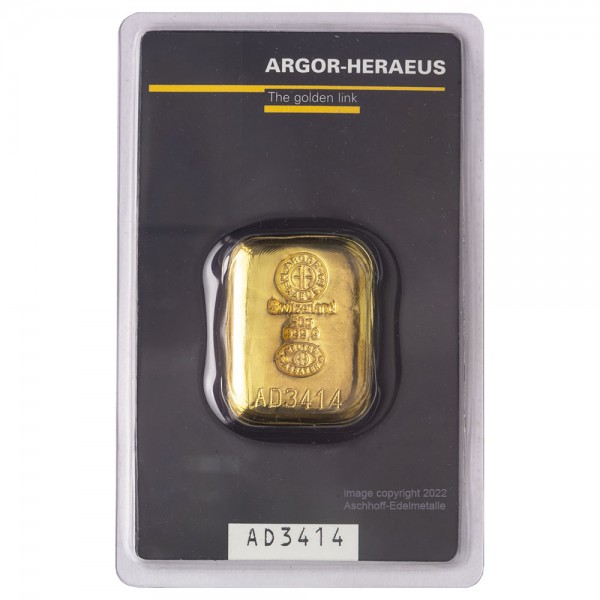 Goldbarren 50g Argor-Heraeus, gegossen, Neuware mit Zertifikat
